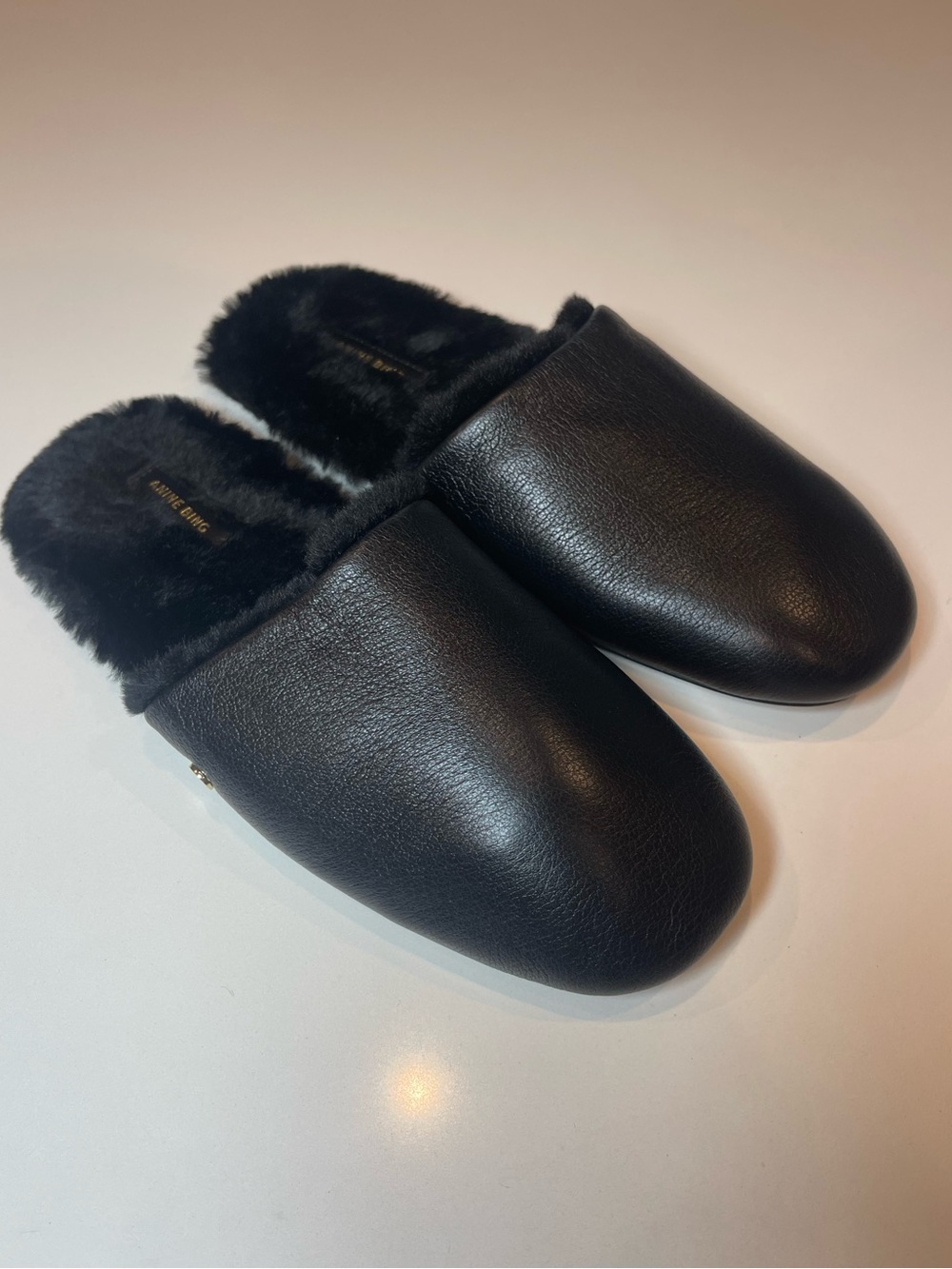 ANINE BING black leather Shearling mules slide New